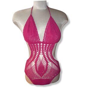 Rare One Piece 90s Swimwear vintage crochet hot pink macrame small/medium